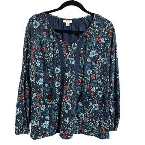 Wrangler Blue Floral Relaxed Long Sleeve Blouse Pull Over Bohemian Rodeo Size M‎
